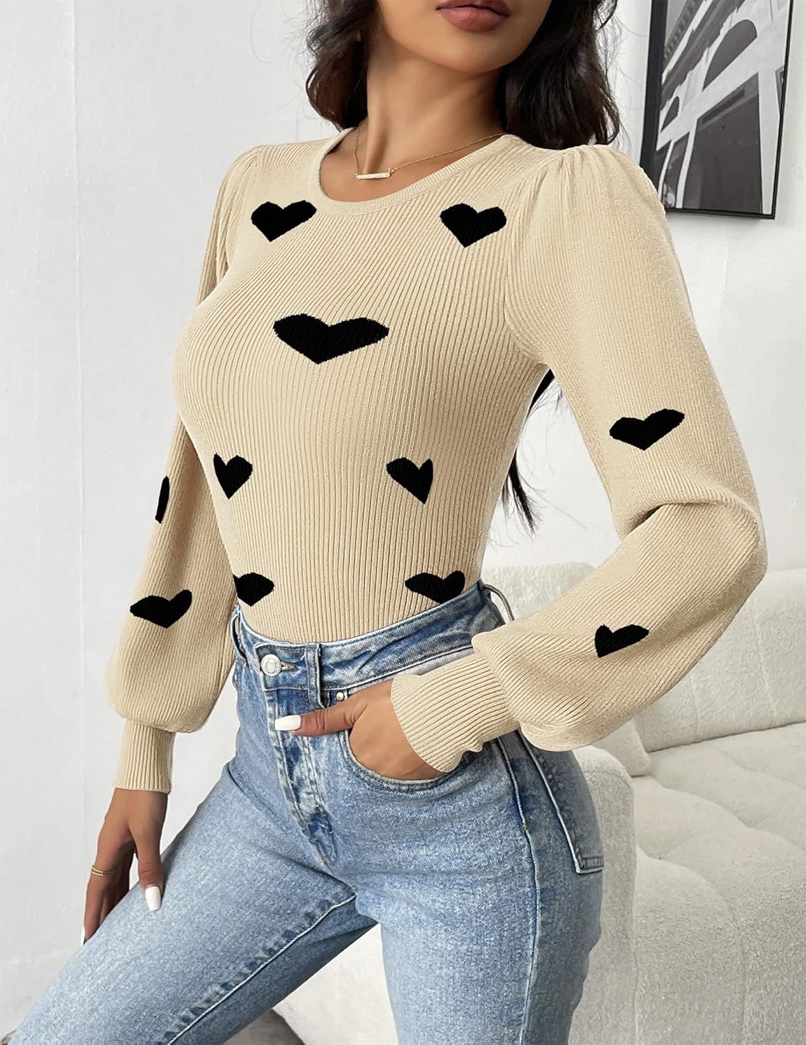 Zeagoo Women 2025 Long Puff Sleeve Sweater Fall Slim Fit Pullover Tops Crewneck Ribbed Knit Bodysuit Jumpsuit S-XXL - Image 3