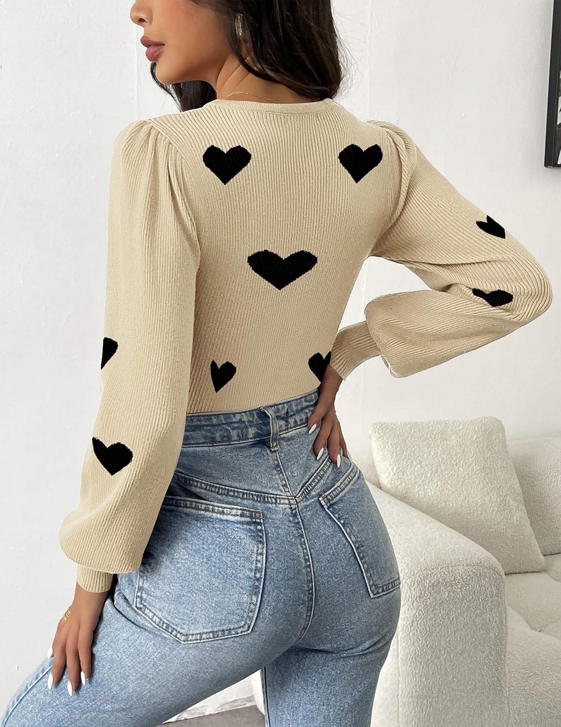 Zeagoo Women 2025 Long Puff Sleeve Sweater Fall Slim Fit Pullover Tops Crewneck Ribbed Knit Bodysuit Jumpsuit S-XXL - Image 5