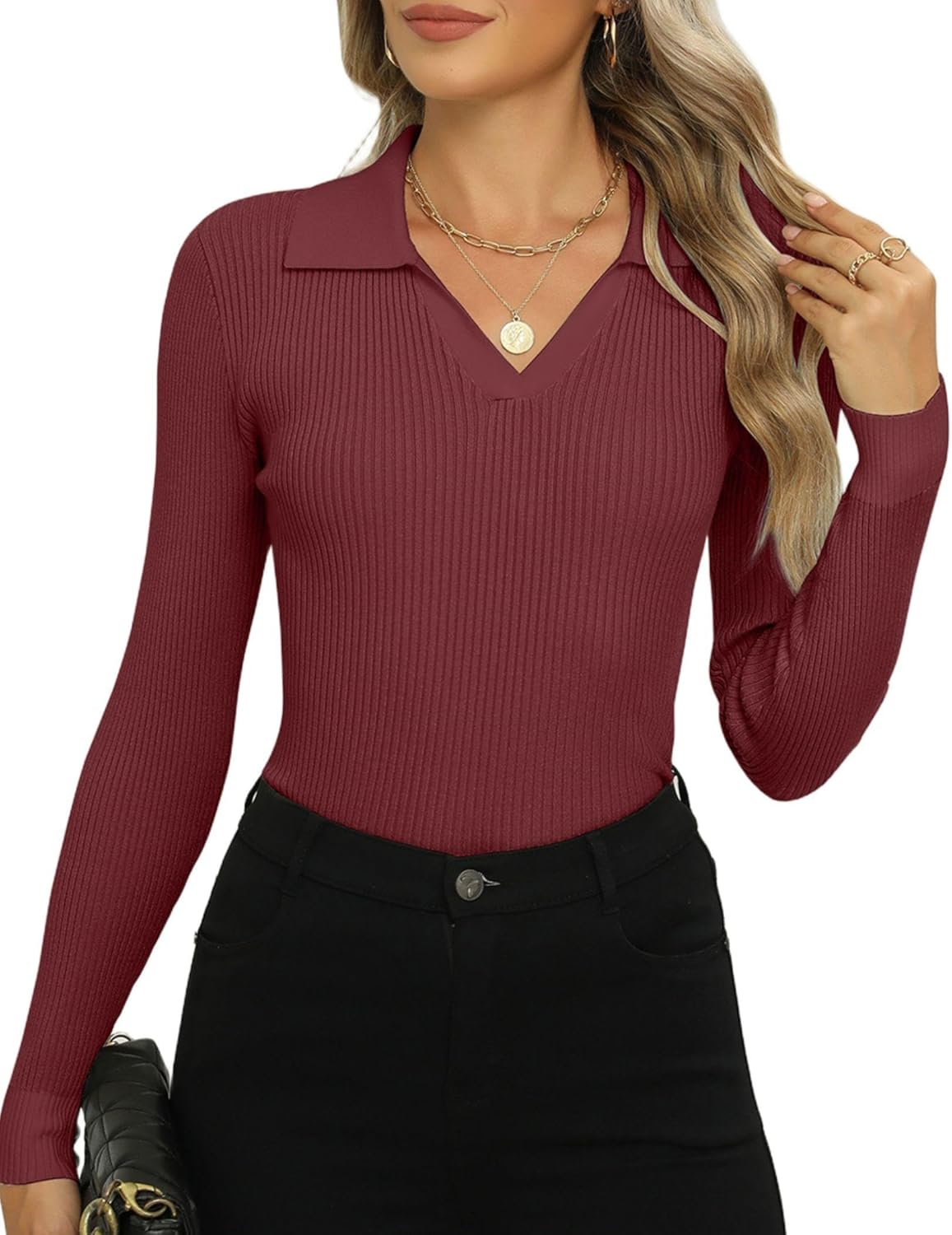 Zeagoo Womens 2025 Sweater Tops Long Sleeve V Neck Ribbed Knit Slim Fitted Casual Work Basic Shirts S-XXL - Image 15